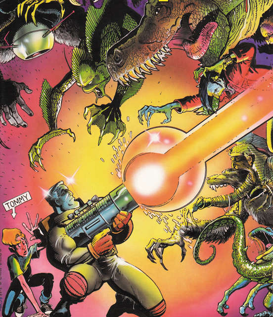 The image shows a scene from the comic book “Monsters from Outer Space” by Gerard Jones and Will Jacobs. The image shows a young boy hiding behind a man who is holding a large ray gun in his hands, and shooting with it towards different kinds of monsters around him. The dialogue balloon of the small boy reads, “Tommy”.