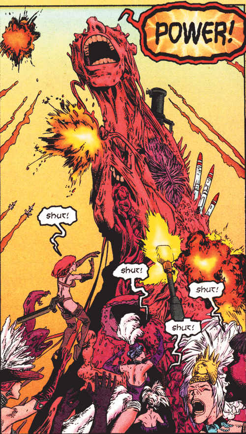 The image shows a scene from comic book “Oktane,”, written by Gerard Jones and Gene Ha. The image shows a number of women trying to attack a giant beast, who is shouting “POWER.” Women are shouting “shut!” and are trying to burn the beast by launching rockets, bombs and other ammunitions at him.