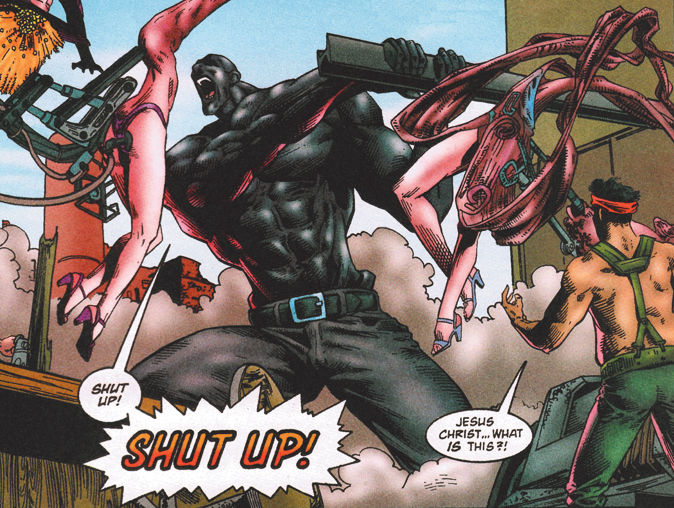 The image shows a scene from the comic book “Oktane” where the title character gets nasty. The character is shown as a black male, who is swirling around two women, one in each hand in the air. One man is looking at the main character. His dialogue balloon reads, “Jesus Christ! What is this?” One of the ladies is shouting, “SHUT UP!” There is a dialogue balloon which reads, “Shut Up!”