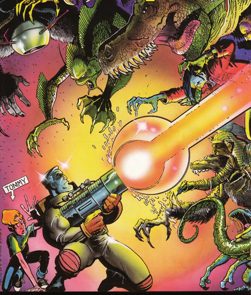 A scene from comic book “Monsters from Outer Space” by Gerard Jones and Will Jacobs, where the character Tommy is fighting to save a boy from different beasty animals.