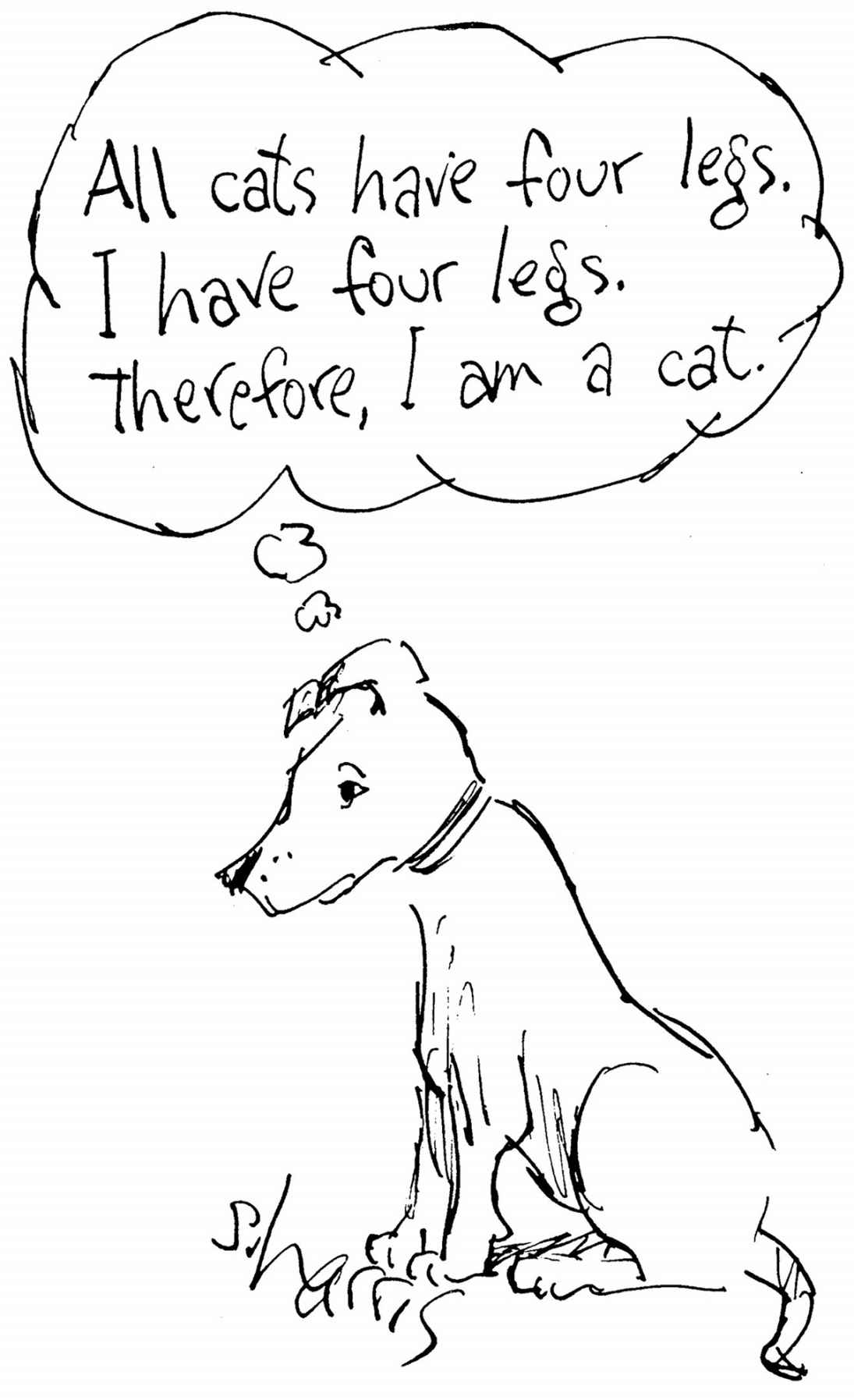 The image shows a sketch of a dog who is siting, and thinking ‘All cats have four legs, I have four legs. Therefore, I am a cat.’