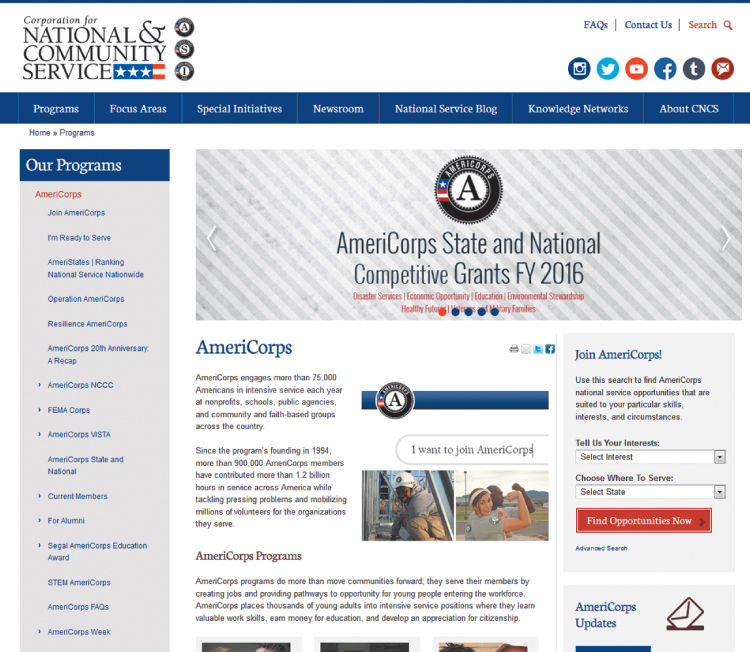 A photograph of the web home page of Corporation for National and Community Service is seen. The heading of the page is ‘AmeriCorps State and National Competitive Grants FY 2016’. It provides information about the same in text form. There are some pictures also on the home page along with opportunities with AmeriCorps.