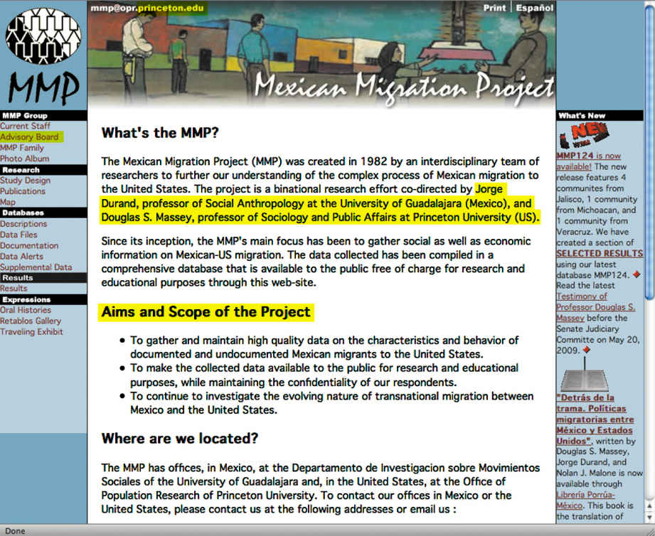 The image shows a web page of the ‘Mexican Migration Project’.