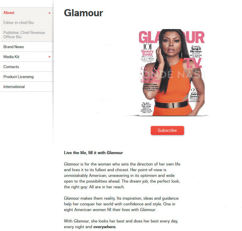 Web home page of Glamour, with tabs on the left as “About”, which has got expanded as, “Editor-in-chief Bio”, and “Publisher, Chief Revenue Officer Bio”. The tab below “About” is “Brand News”, then “Media Kit”, “Contacts”, “Product Licensing”, and “International”.