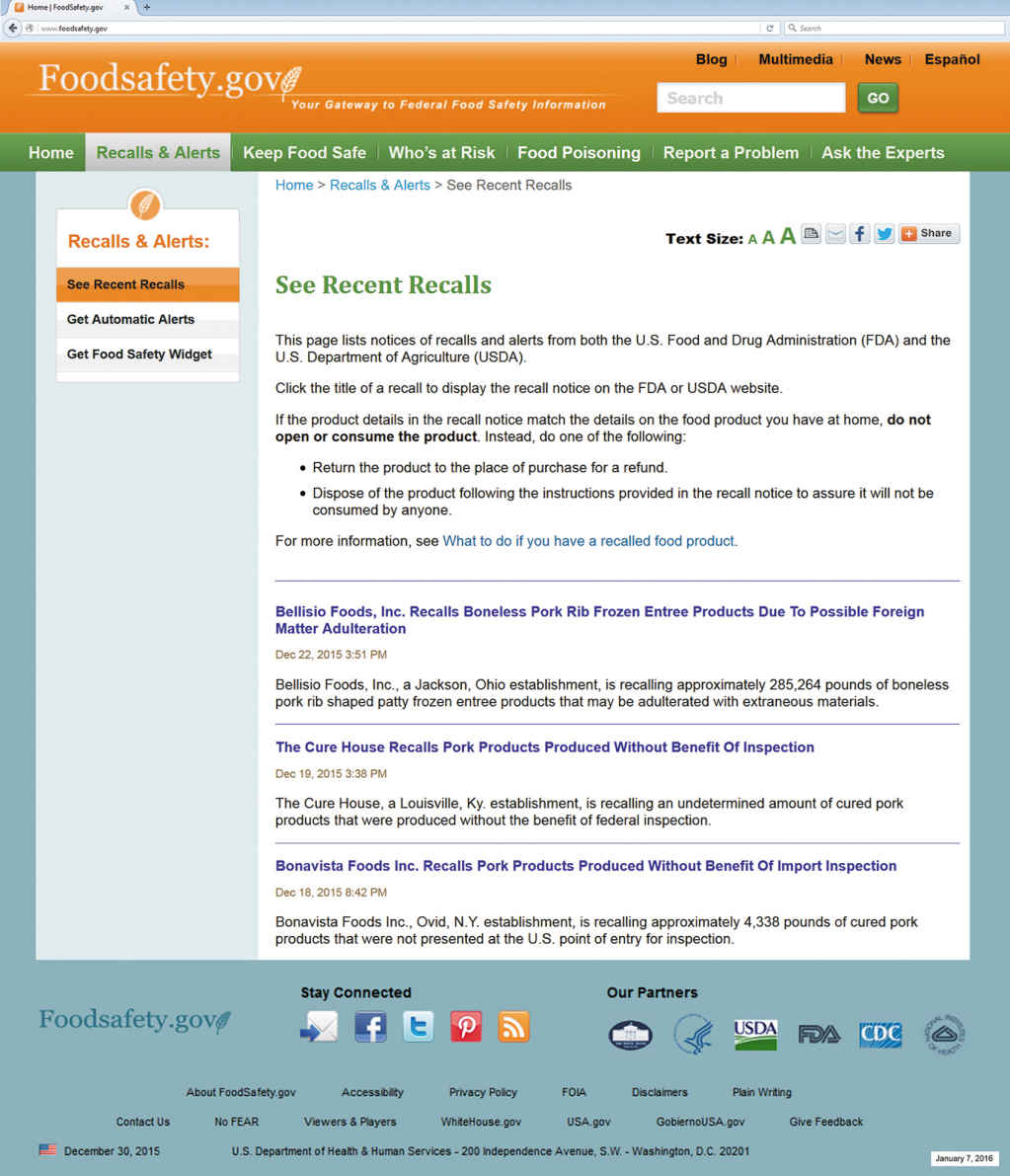 Image of a home web-page of food safety dot com – the top of the web-page has the name of the author, after which the various articles appear with their titles. The end of the page will have the city of publication in the middle. The date of last update (in the left corner) and the name of the sponsor (in the middle) appear at the bottom of the page in a very small font size.