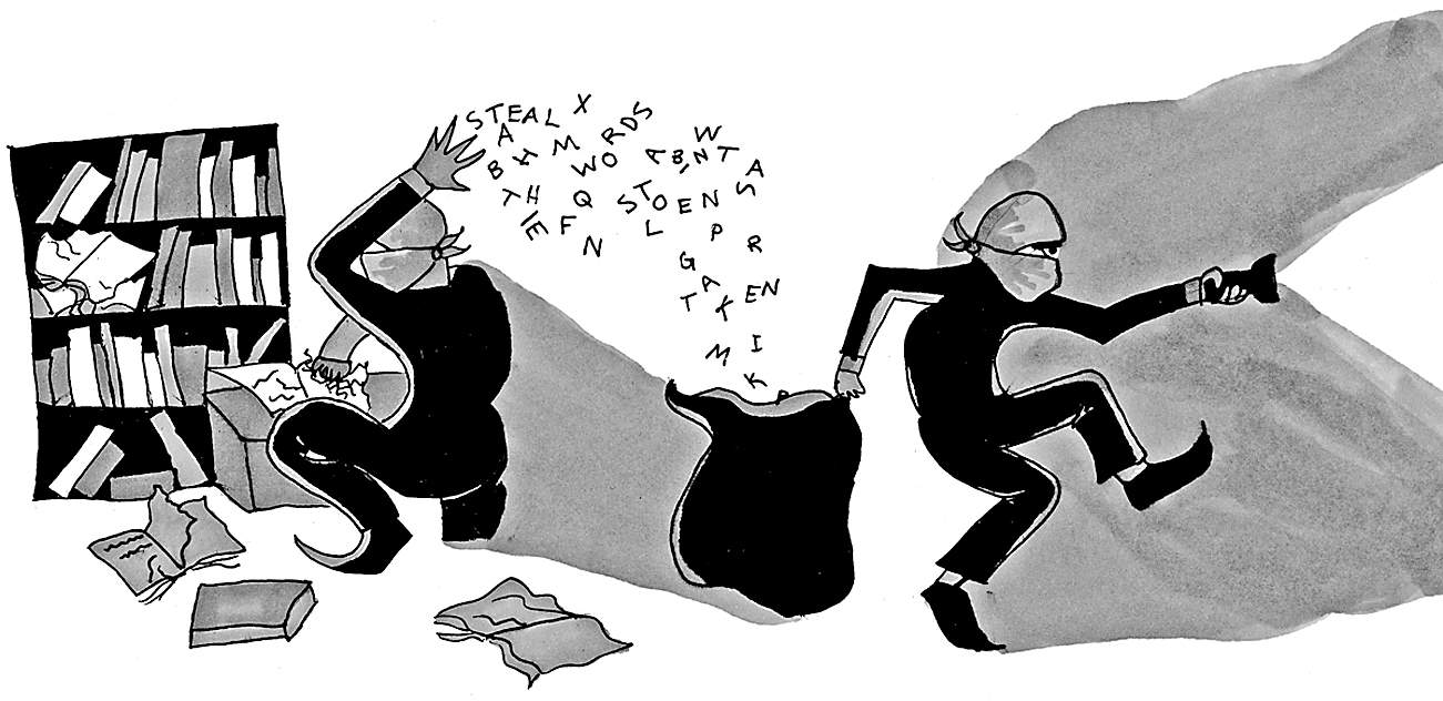 Image is a cartoon by Loos Diallo from Whitman Pioneer on Plagiarism. It depicts two thieves completely masked, involved in robbing letters and words from another person’s books. There is a book-shelf near one robber who is sitting and pulling out words from an open book and throwing them in a bag held by his accomplice who is on a look-out facing the other direction carrying a lit torch in his hand.