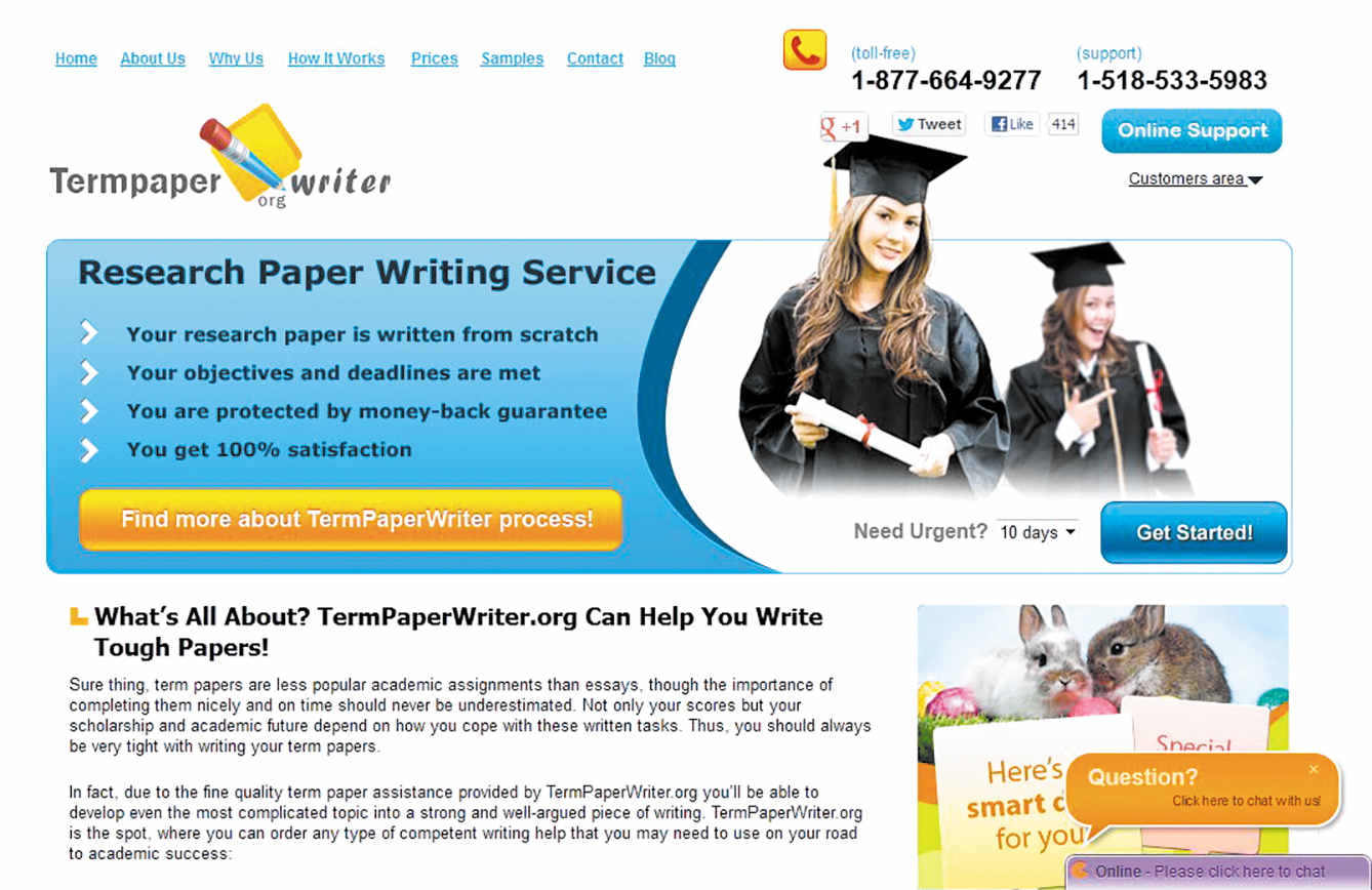 the image is of a home-webpage advertisement that sells term-papers. It has an image of two graduate girls holding their certificates looking happy alongside of which is a list of benefits of the research paper writing service. It has a section that asks users on how urgent they want their assignments along with an elaborate description of their work and how they assist students to write tough papers. The top-right hand column has two contact numbers; one toll free service number and the other is their support contact number. The website has various links that direct the users to their home-page, about-us, why-us, how it works, prices, samples, contact and blog options. The page also has a live-chat option where users can enquire about their questions and get immediate responses.