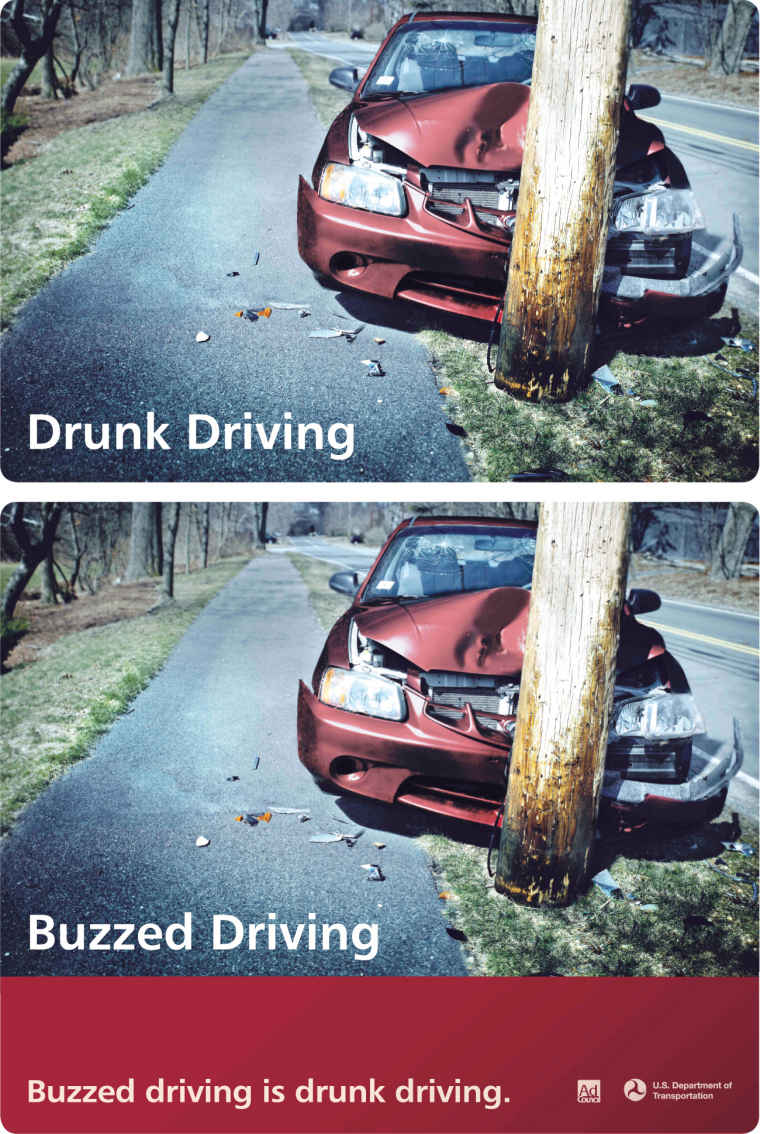 Image is divided into two parts, with the caption: “Public-service ad cautioning against driving after drinking alcohol”. In the upper image, a car is shown, whose bonnet has hit the tree trunk, with the heading, “Drunk Driving”. The lower image shows the same car hit the tree trunk, with the heading, “Buzzed Driving”. The bottom of the image reads, “Buzzed driving is drunk driving.”