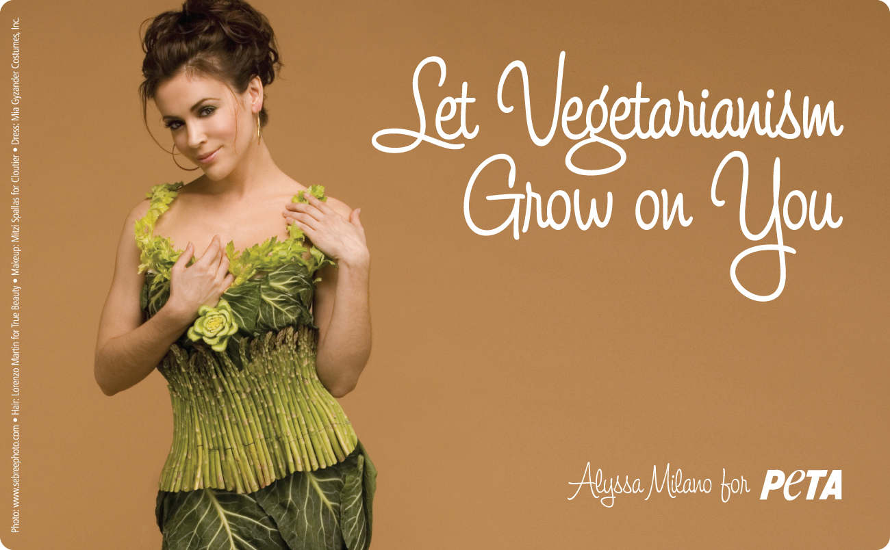 A PETA poster featuring Alyssa Milano wearing a dress made of leaves promoting vegetarian food habits. The poster has a quote reading “Let evegetarianism grow on you”.