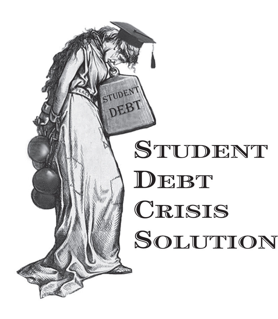 Editorial cartoon is a black and white image of a woman wearing a graduation hat, a tattered dress along with a belt that reads “Peace”. Her head is bowed down as she has a huge cuboid weight in her mouth. This weight has student loans written on it. Her hands are also chained behind her back and weighed down with heavy balls.