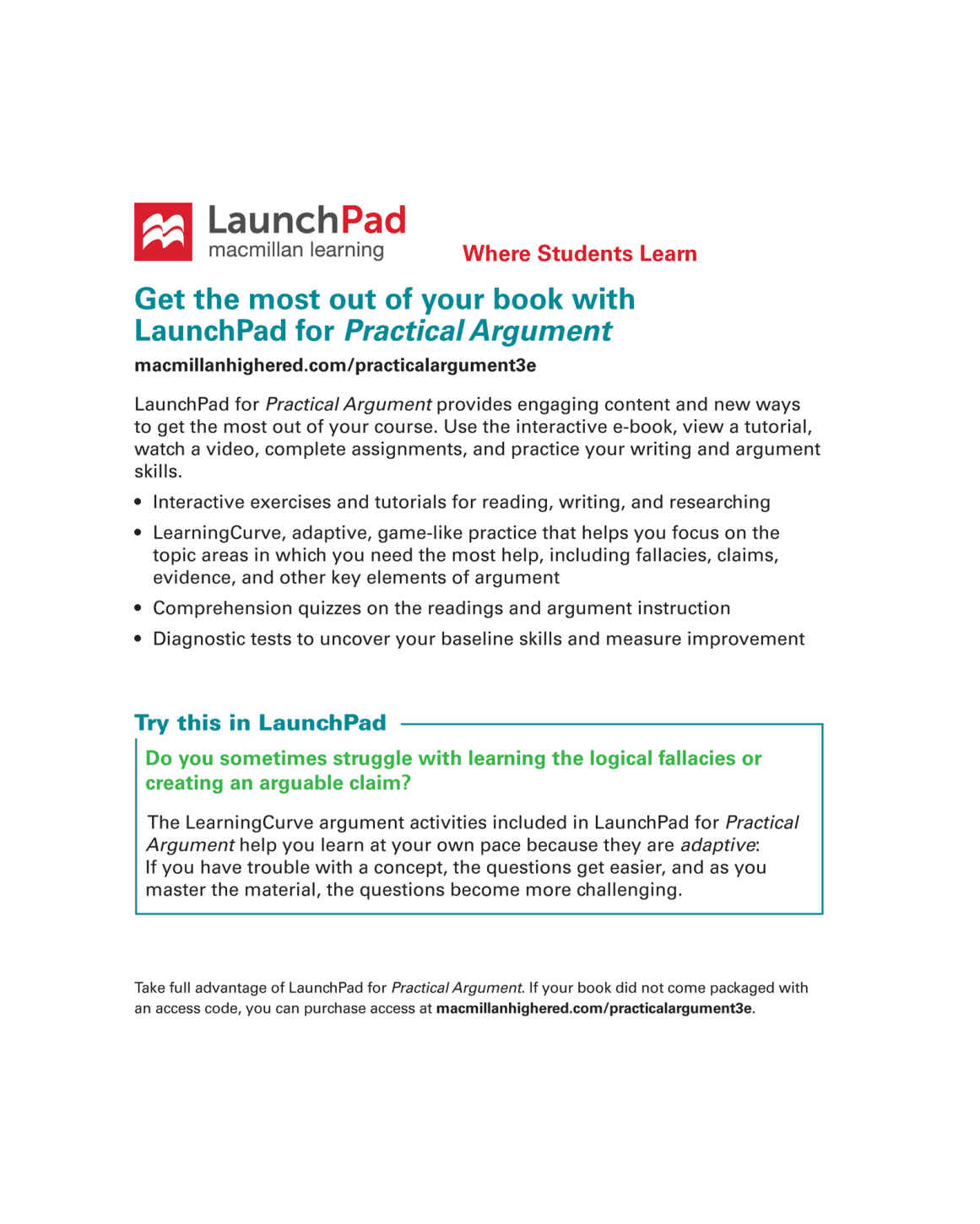 Inner page of the cover of practical argument, third edition has table of contents and a guide to reference features on its right side and the left side has Macmillan icon and information on launch pad